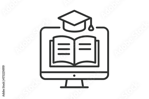 Online education thin line icon. E-learning and distance learning concept. Computer with book and academic graduation cap. For online course, webinar, tutorial, workshop.