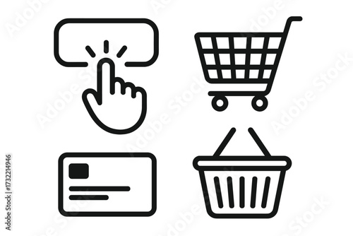 Online shopping vector icon set for e-commerce and marketing. Line art symbols for web and app UI. Hand clicking buy button, credit card payment, and shopping cart icons.