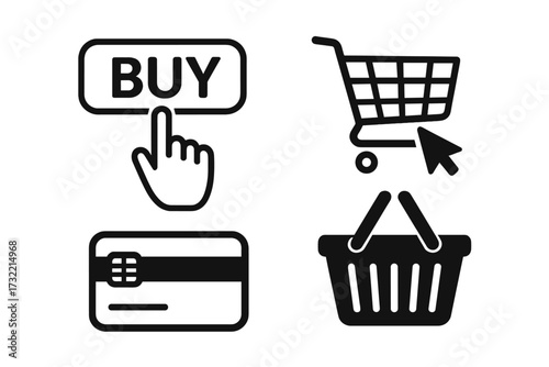 Online shopping icon set for e-commerce and digital marketing. Vector illustration of hand clicking buy button, credit card payment, shopping cart and basket for checkout.