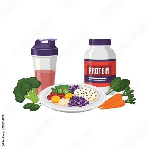 Healthy meal prep featuring protein powder, fresh vegetables, and a nutritious shake for a vibrant, active lifestyle