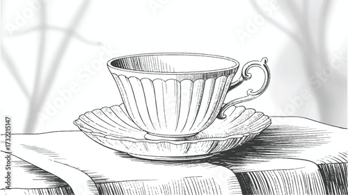 A detailed black and white line drawing of an elegant vintage teacup and saucer set 
