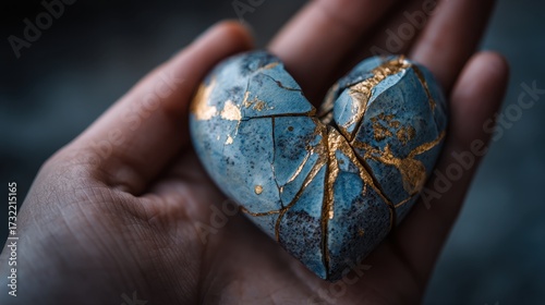 Kintsugi Heart: A heart mended with gold, symbolizes resilience, healing, and the beauty of imperfections, delicately cradled in a caring hand.