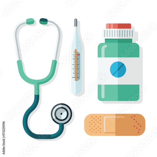Healthcare essentials: stethoscope, thermometer, medicine bottle, and bandage ready for medical needs or patient care