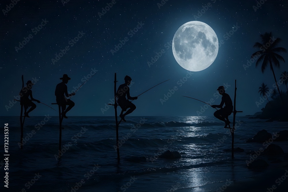 Fototapeta premium Sri Lankan Stilt Fishermen at Night Under Moonlight