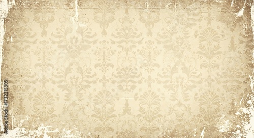 Distressed Damask Pattern on Old Grunge Beige Paper Background