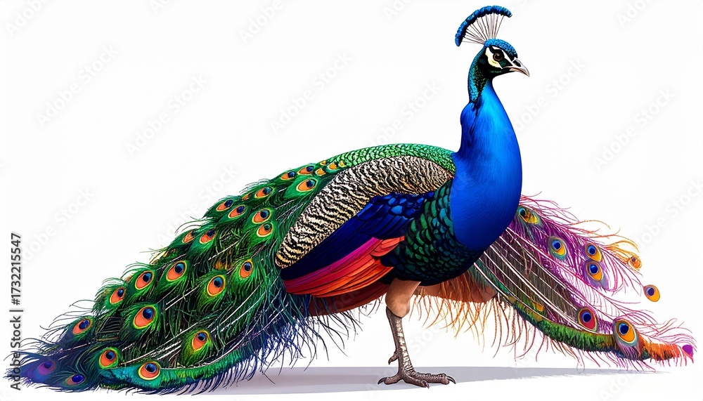 Obraz premium Four peacocks standing in a row, vibrant blue and green plumage. Rightmost peacock displays full tail fan with eye-like patterns. Others have tails down. Natural symmetry and vivid coloration.