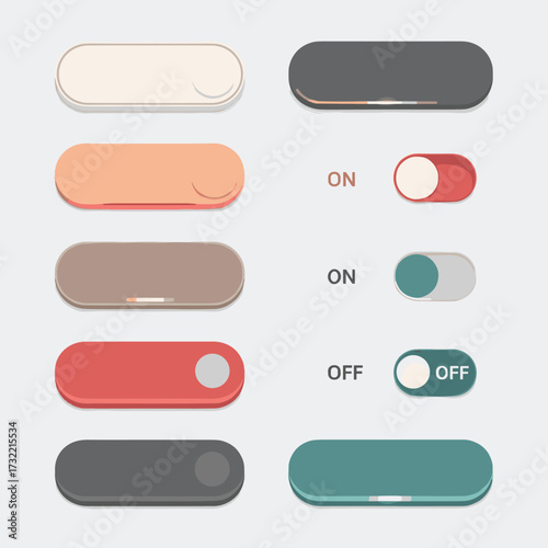 Modern UI toggle switches and sliders in various attractive pastel and dark colors for app interface design