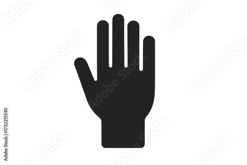 Raised open hand glyph icon for stop sign, high five, help or vote. Volunteer, support and greeting gesture. Question and answer symbol. Palm silhouette vector illustration.