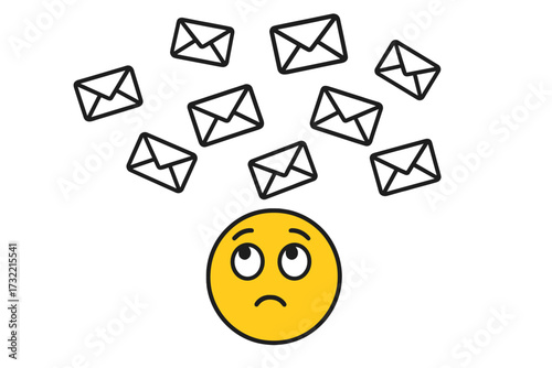 Email overload concept. Sad emoticon stressed by falling email envelopes. Spam, junk mail, newsletter marketing idea. Information overload, communication fatigue. Vector cartoon.