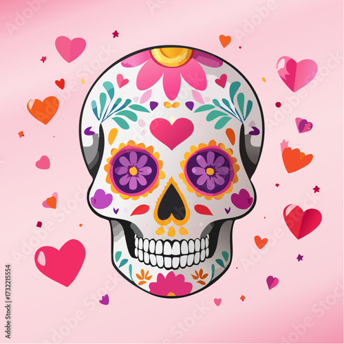 Sugar Skull with Hearts 