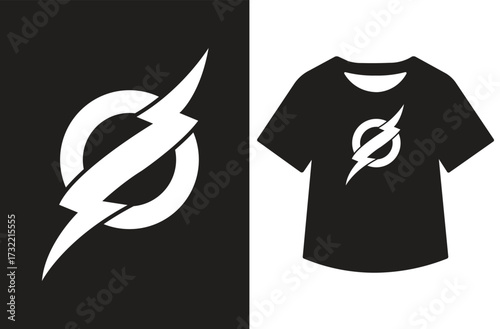 Minimalist graphic design showing a bold lightning bolt within an oval on white, paired with a black background featuring a t-shirt displaying the same design. Clean, modern, and symmetrical.