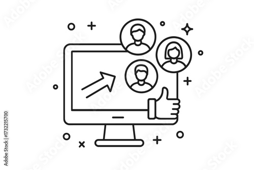 Referral program and affiliate marketing business concept. Invite friends and earn prizes. Customer acquisition strategy. Online partner network with users and thumb up symbol.