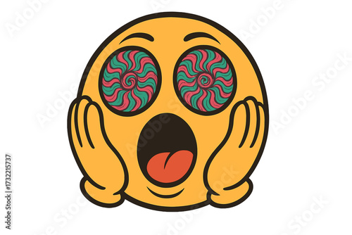 Psychedelic emoji face with hypnotic spiral eyes. Retro cartoon emoticon expressing shock, awe and surprise. Trippy vintage smiley character in a dizzy or dazed state vector.