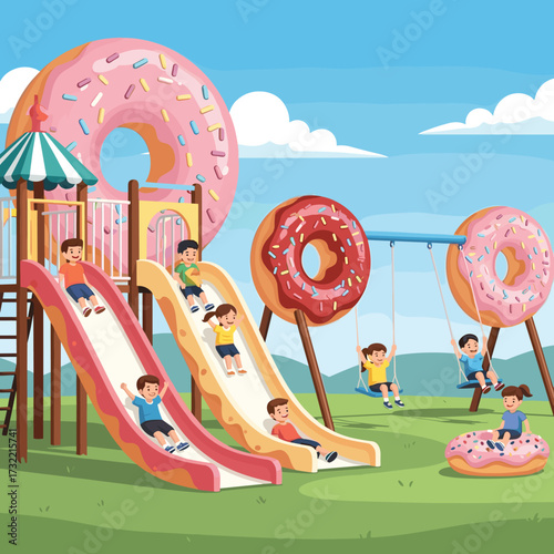 Joyful children delight in a whimsical playground featuring giant donuts and thrilling slides, creating magical childhood memories.