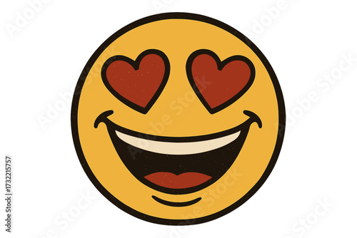 Retro vintage emoticon smitten with passion. Crazy-in-love smiley vector with heart eyes. Happy face emoji illustration. Concept romance, affection, adoration, and feelings.