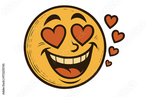 Retro vintage emoticon smitten with passion. Crazy-in-love smiley character with heart eyes. Valentine's Day symbol. Romance and adoration concept. Love face vector icon.