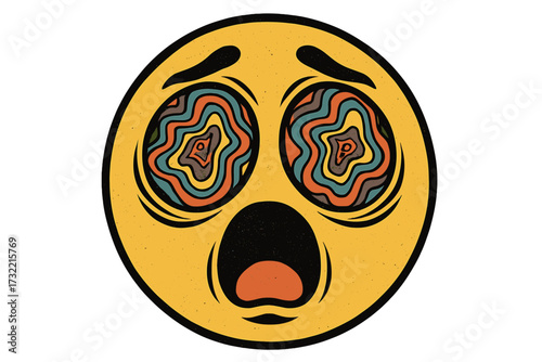 Psychedelic emoticon vector. Retro trippy smiley face. Dizzy, overwhelmed emoji. Hypnotic eyes. Concept for awe, altered state, trip. Vintage 70s cartoon character.