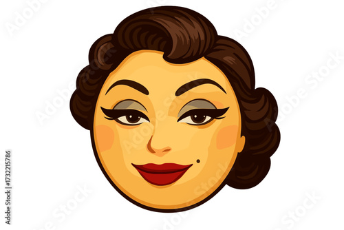 Retro female emoticon with vintage makeup. Glamorous 1950s pin-up woman's face. Sophisticated smiley vector icon. Classic Hollywood beauty with red lips and beauty mark.
