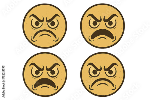Retro vintage angry emoticon set. Vector smiley emoji icon. Mad, grumpy, furious face expression. Bad mood character symbol. Negative emotion illustration. Isolated design.