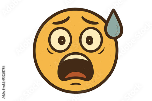 Anxiety emoji concept. Retro vintage emoticon showing surprise and discomfort. Astonished awkward smiley. Stress, fear, panic attack. Nervous face with sweat drop. Worry.