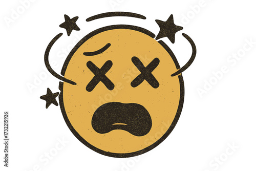Dizzy face emoticon with seeing stars. Retro vintage smiley icon. Knocked out, confused, stunned or dead emoji concept. Vector illustration for mistake or failure theme.