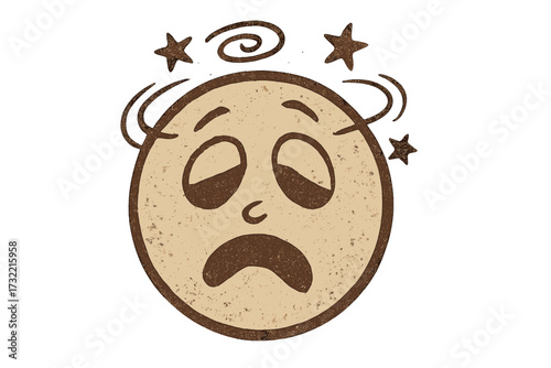 Retro vintage emoticon feeling dizzy and confused with circling stars. Stunned, sick, or fainted smiley character. Concept for knockout, headache, or vertigo. Cartoon emoji vector.