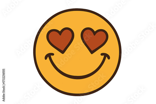 Retro vintage emoticon in love. Groovy 70s smiley character with heart eyes. Vector emoji illustration for romance and happiness. Face icon symbol. Positive emotion feeling.