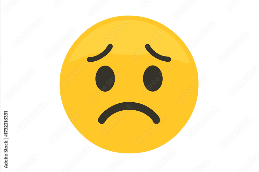 Fototapeta premium Concept of sadness and regret with a sad face emoji. Unhappy emoticon vector icon. Symbol for bad mood, disappointment, depression, sorrow, misery and negative feelings.