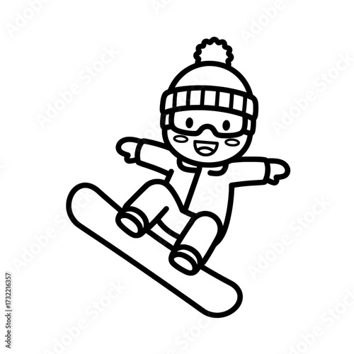 A minimalist icon of a boy snowboarder wearing a hat and ski goggles. The simple black and white outline is ideal for sports events, children's education, and educational purposes.
