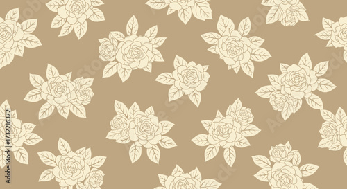 Floral pattern sketched roses & leaves on tan