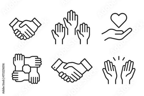 Hand gestures icon set. Partnership, teamwork, community and charity symbols. Vector thin line icons for business, friendship, support, collaboration, agreement and celebration.