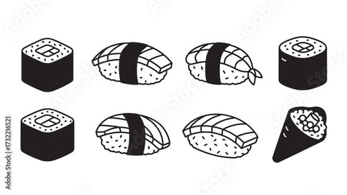 Sushi set illustration minimalist vector line art of Japanese food isolated on white background for menu design and restaurant promotion