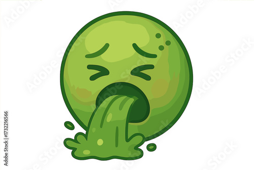 Vomiting emoji vector icon. Sick green emoticon with nausea, feeling unwell. Puking smiley face concept for illness, food poisoning, disgust, virus, or stomach ache problems.