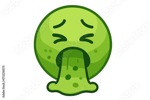 Vomiting green emoji vector icon. Sick face emoticon feeling unwell. Nauseous smiley character throwing up. Concept for disease, flu, food poisoning, hangover or disgust.