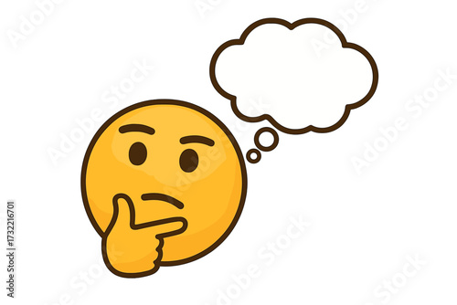 Thinking emoji with empty thought bubble. Pondering emoticon face with hand on chin. Concept for idea, question, doubt, brainstorming, problem solving. Editable vector.