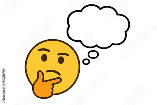 Thinking emoji with empty thought bubble. Pensive face icon deep in thought. Concept for ideas, brainstorming, questions, doubt, problem solving. Blank comic cloud. Vector.