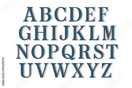 US Art vector alphabet typeface. Artistic and minimal designed old font in blue and red. Retro American patriotic style with 3D effect. Vintage typography set for classic lettering.