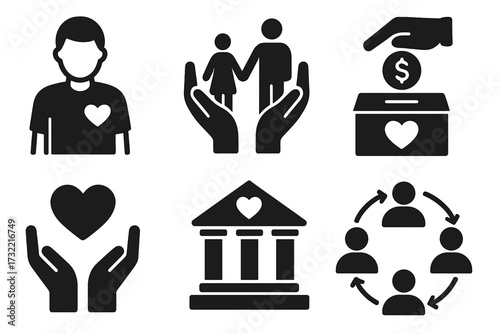 Charity and donation glyph icon set. Humanitarian aid, volunteering, and social work symbols. Non-profit organization, adoption, community support, and care vector icons.