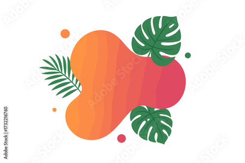 Vector fluid shape with tropical leaf decoration. Abstract liquid gradient banner with monstera and palm leaves. Modern summer design for text background, sale, or promo.