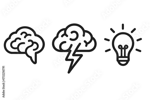 Brainstorming icon set. Process of thinking and creativity. From brain and storm to idea and solution. Vector icons of mind, cloud with thunder and lightbulb. Innovation concept.