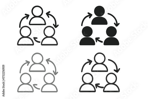 Collaboration and communication vector icon set. Group of people with exchange arrows. Metaphor for teamwork, partnership, network, workflow, community and business synergy.
