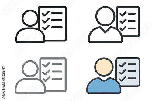 Job candidate skills icon set. Person with checklist for duties, qualifications, and abilities. Hiring and recruitment concept. Employee requirements and task management vector.