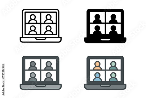 Online meeting vector icon set. Laptop with virtual conference call screen showing 4 people. Remote work, team collaboration, business webinar, and online classes concept.