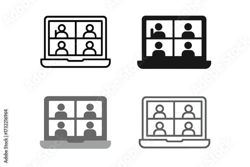 Vector icon set of video conference call on laptop. Four people on screen for virtual team meeting, online class, webinar. Remote work communication concept. Glyph, flat design.