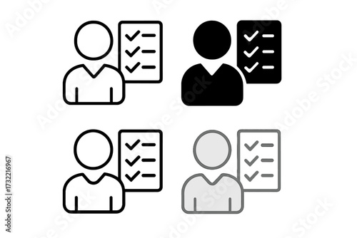 Vector icon set of person with checklist. Represents duties, qualifications, and skills. Candidate requirements, employee abilities, task list, and survey completion symbol.