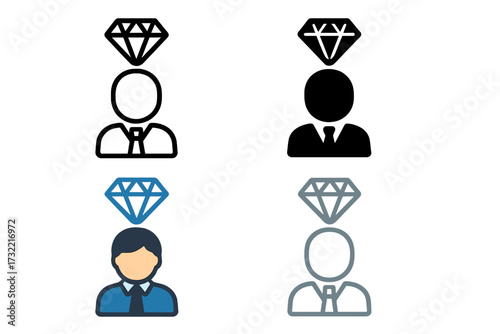 Valuable employee icon set. Four styles. Person with diamond. Metaphor for employee of the month, loyal customer, talent, premium user. VIP member with loyalty rewards.