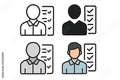 Employee skills icon set. Candidate qualifications and duties checklist. Person with task list for recruitment or human resources. Profile with completed requirements vector.