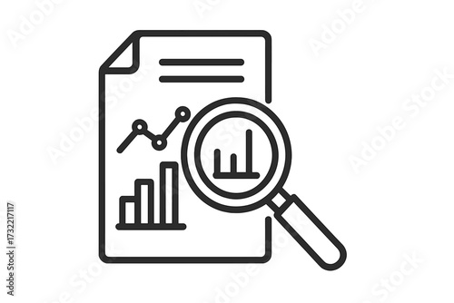 Data analysis icon with magnifying glass over a financial report. Business analytics, market research, and statistics concept. Audit, review, and search vector symbol.