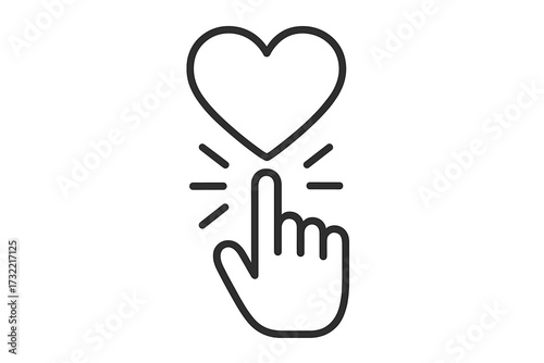 Vector line icon hand pointer clicking heart. Like button for social media. Favorite, love, follow symbol. Internet content user engagement. UI UX interface design element.