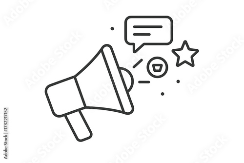 Megaphone icon for marketing and advertising communication. Loudspeaker for promotion, announcement, and digital pr campaign. Vector line art symbol for social media feedback.